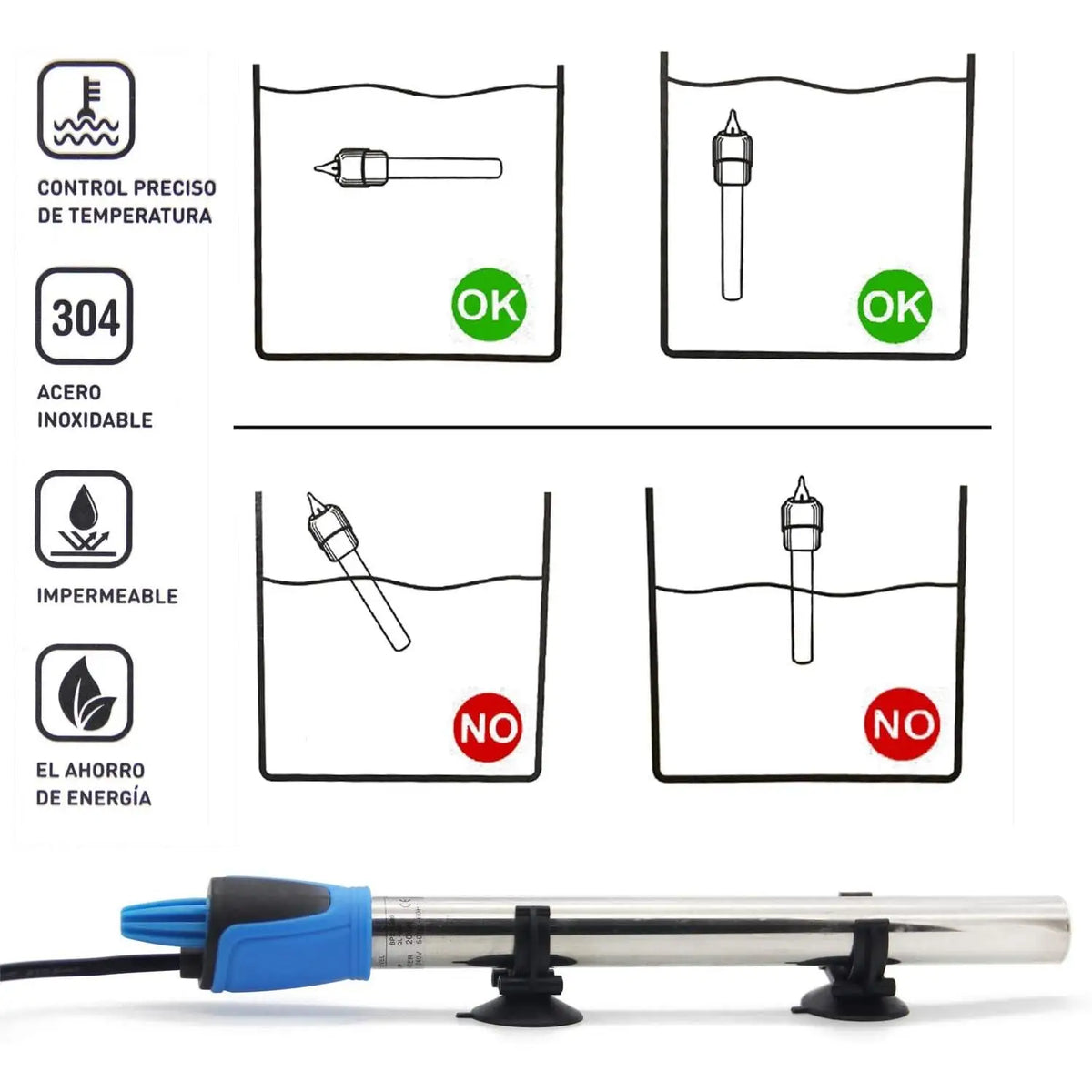 Calentador Sumergible para Acuario 300 W de Acero Inoxidable